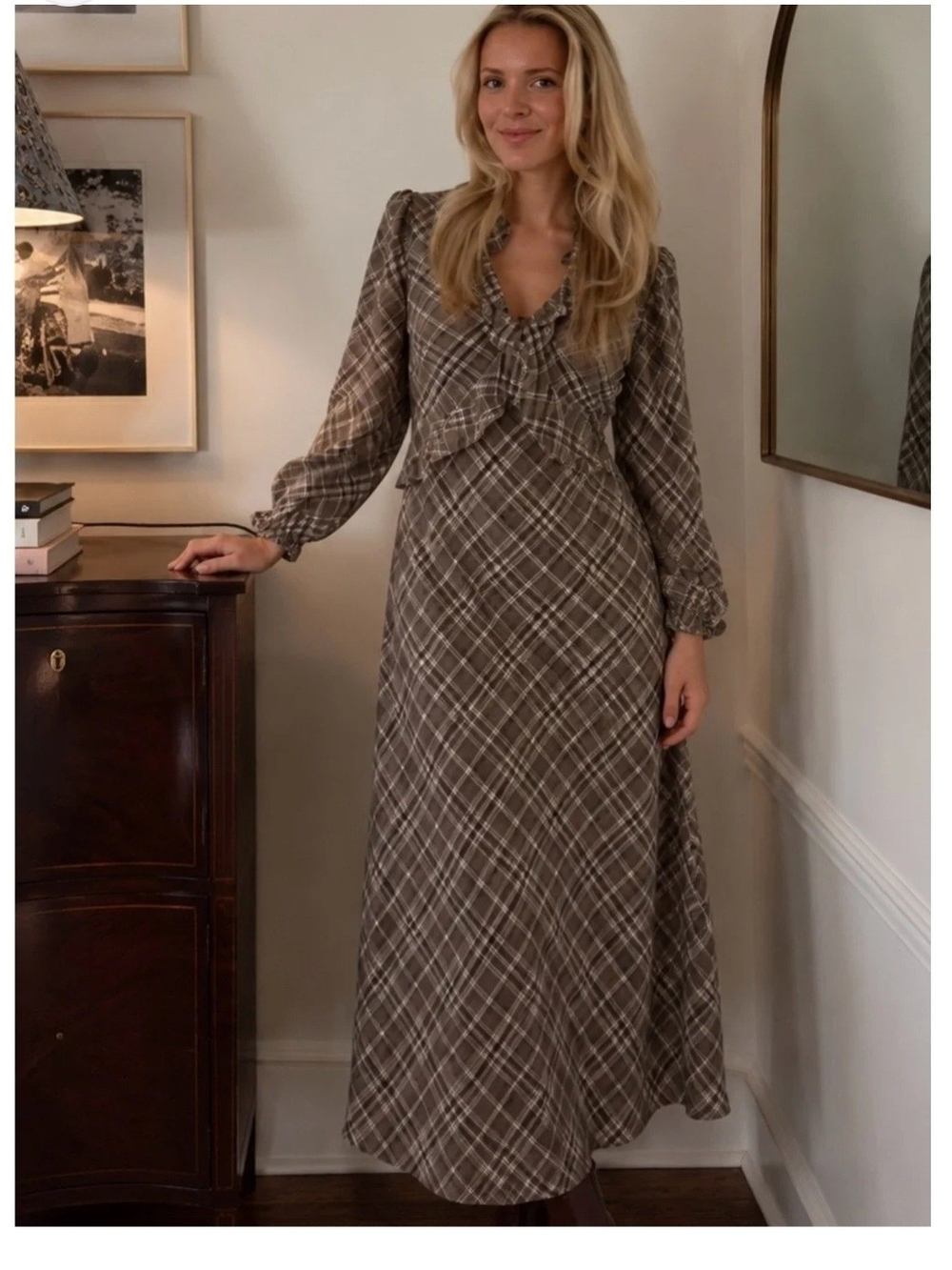 Taylor Taupe Plaid Ruffle-Front Maxi Dress